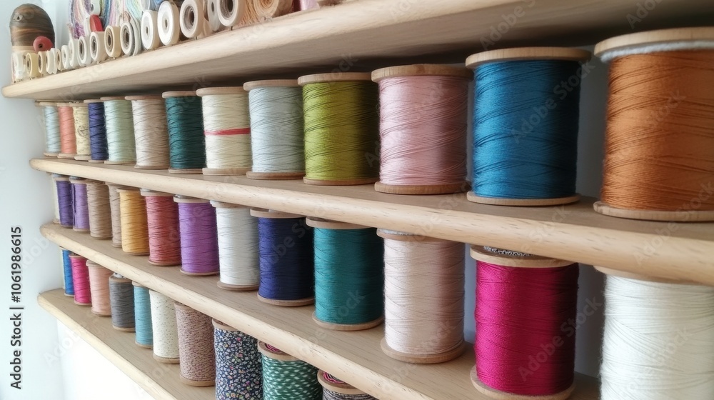 Colorful Threads Display on Wooden Shelves Colorful Threads Display on Wooden Shelves