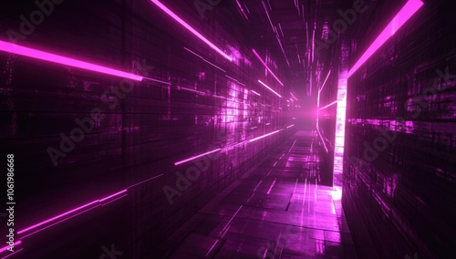 colorful neon light lines flying in the dark room with empty floor space for design, banner, or presentation background. Abstract technology futuristic background 