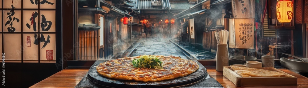 Fototapeta premium Savoring okonomiyaki by osaka castle a delicious pancake experience amidst japanese culture and heritage