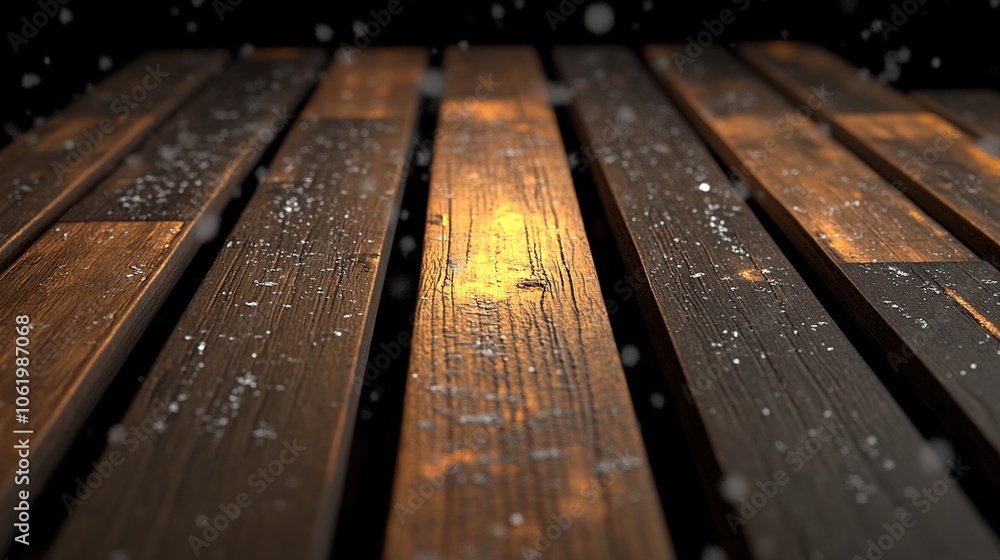 Snow Gently Settling on Wooden Planks Close Up Snow Gently Settling on Wooden Planks Close Up