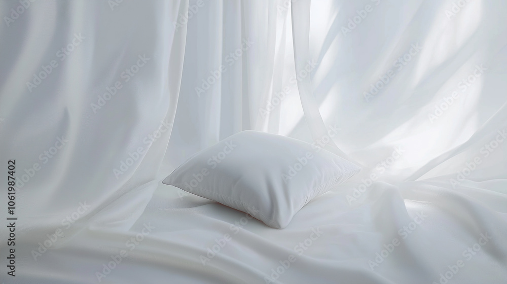 Minimalist white bed with pillow in bright natural light, casting soft shadows, evoking a calm, serene atmosphere. Minimalist white bed with pillow in bright natural light, casting soft shadows, evoking a calm, serene atmosphere.