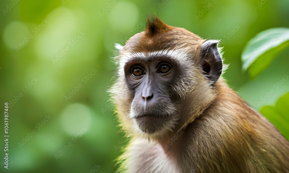 Obraz premium Portrait of a monkey. Close-up of a monkey resting against the backdrop of blooming nature