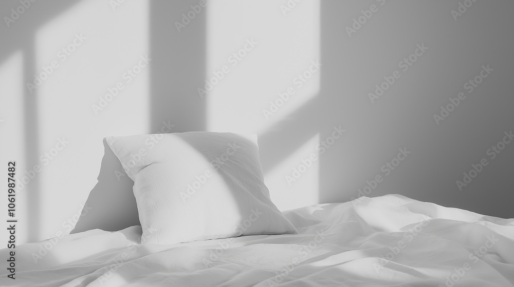 Minimalist white bed with pillow in bright natural light, casting soft shadows, evoking a calm, serene atmosphere. Minimalist white bed with pillow in bright natural light, casting soft shadows, evoking a calm, serene atmosphere.