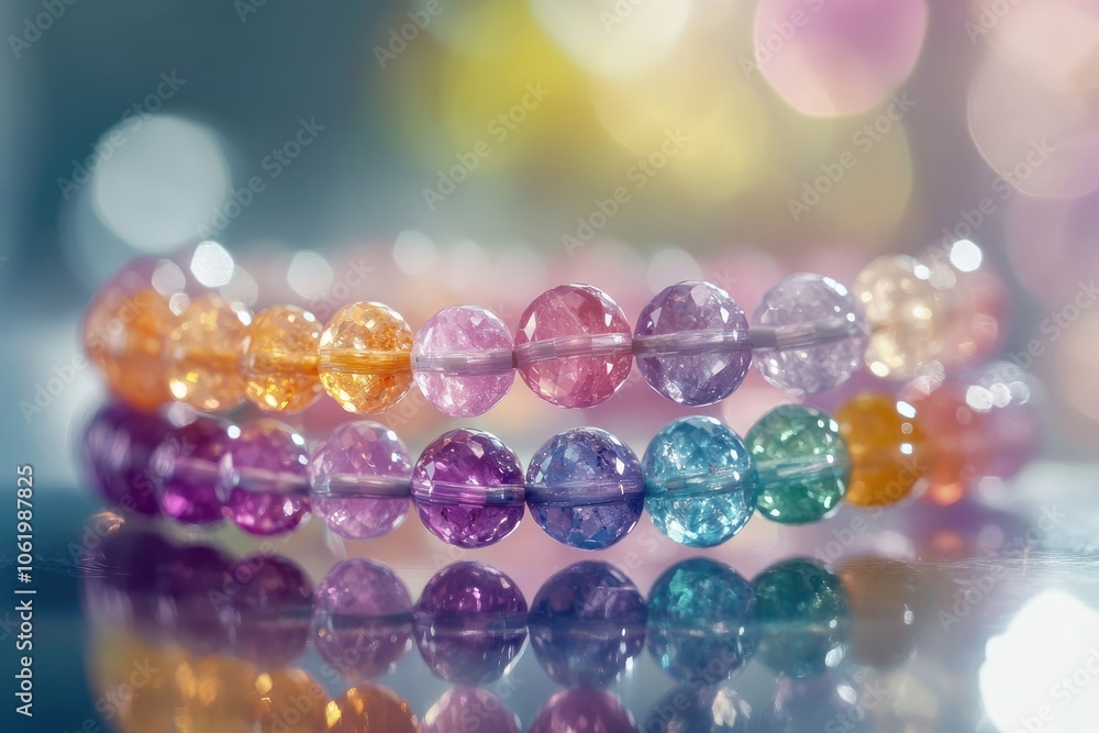 Close-Up of a Colorful Gemstone Bracelet on a White Table with a Bokeh Background in a Jewelry Store Close-Up of a Colorful Gemstone Bracelet on a White Table with a Bokeh Background in a Jewelry Store