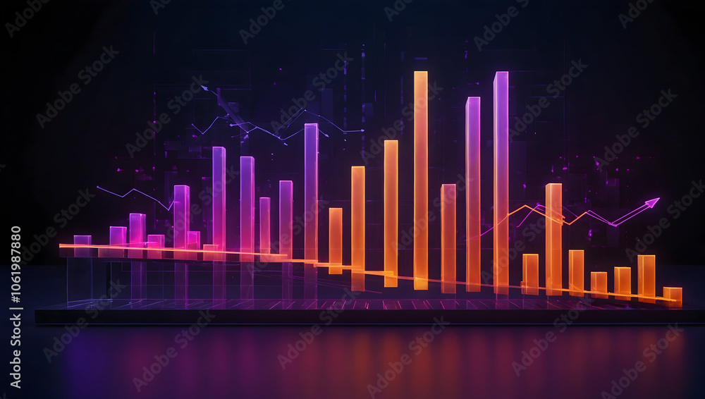 Naklejka premium 3D bar chart with glowing ascending arrows, showcasing vibrant colors and dynamic data visualization. design emphasizes growth and trends in modern, digital style