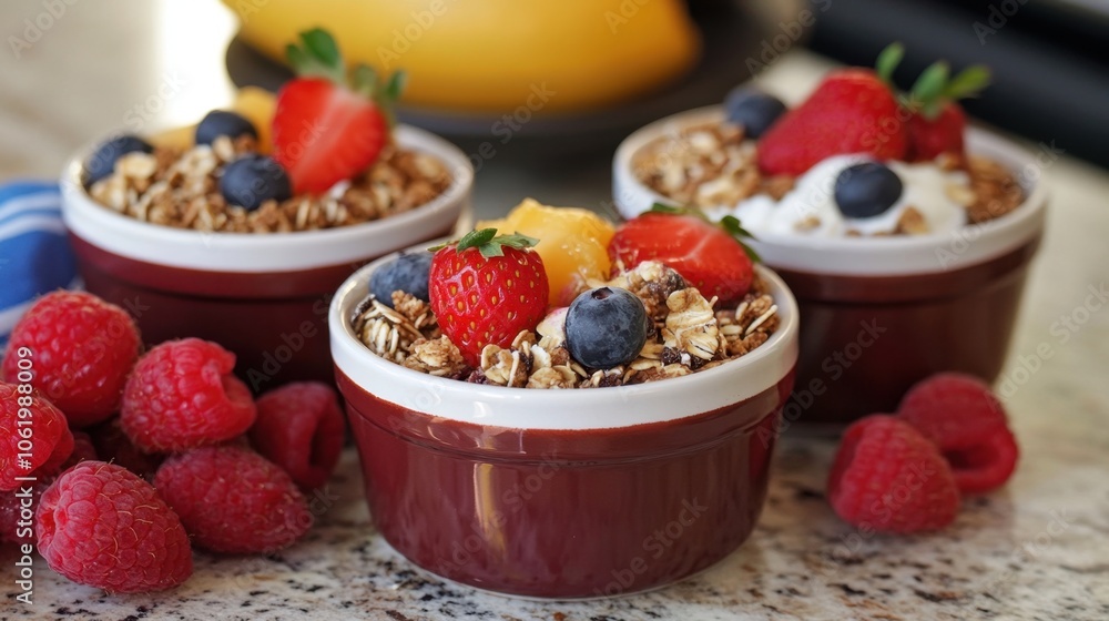 Fresh Fruit and Granola in Bowls on Table Fresh Fruit and Granola in Bowls on Table