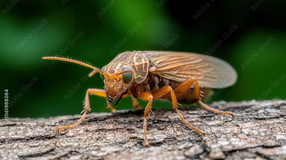 Insect resting on tree bark, focus on textures, natural light, earthy brown and green tones, blending with surroundings Insect resting on tree bark, focus on textures, natural light, earthy brown and green tones, blending with surroundings
