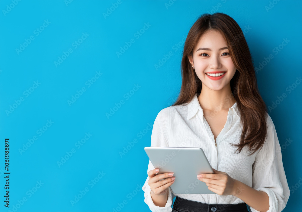Smiling woman with tablet against blue wall showcasing data visualization trends Smiling woman with tablet against blue wall showcasing data visualization trends