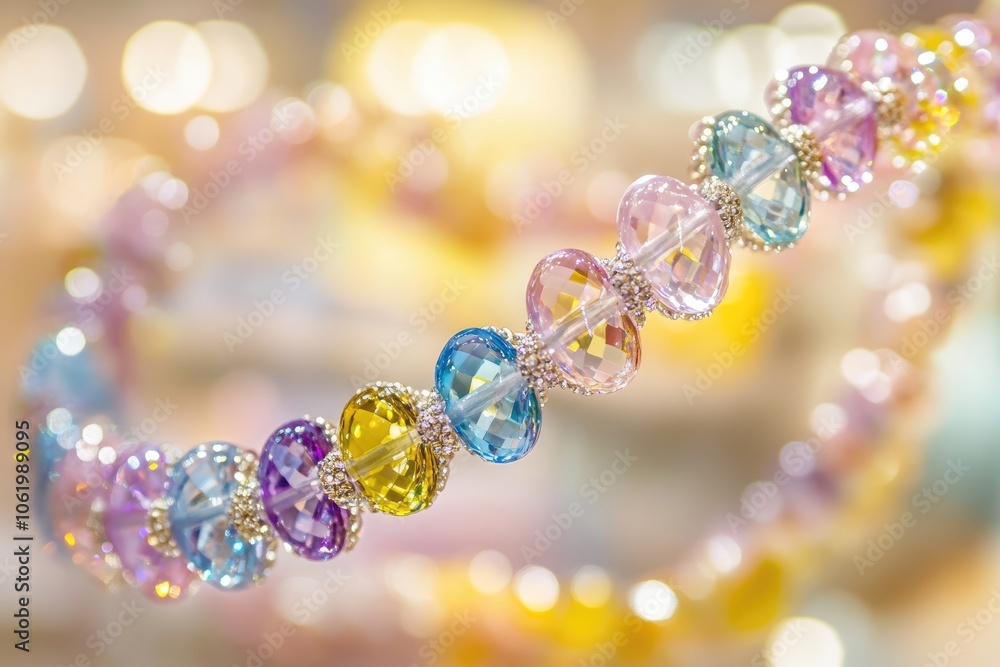 Close-Up of a Colorful Gemstone Bracelet on a White Table with a Bokeh Background in a Jewelry Store Close-Up of a Colorful Gemstone Bracelet on a White Table with a Bokeh Background in a Jewelry Store