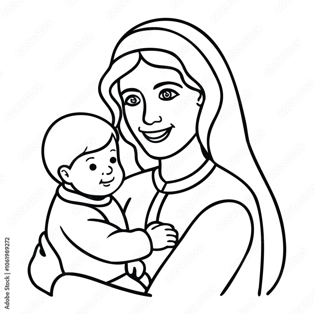 Line Drawing of Smiling Mother Holding Baby Line Drawing of Smiling Mother Holding Baby