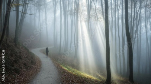 A person walking alone on a foggy forest path, with rays of light breaking through the trees, symbolizing the journey from darkness to hope