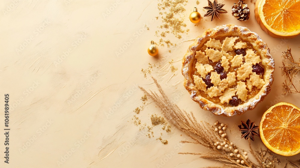 Rustic mince pie with warm fruit filling, isolated on a cream background with subtle golden holiday decorations Rustic mince pie with warm fruit filling, isolated on a cream background with subtle golden holiday decorations
