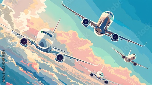 Dramatic Sunset Sky with Silhouetted Passenger Jets in Flight