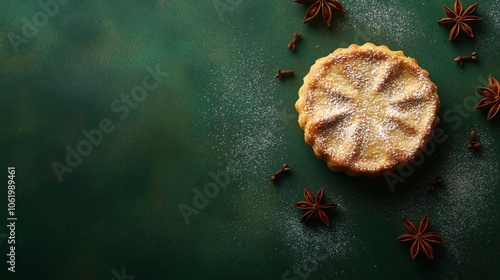 Traditional mince pie with a sugar-dusted top, isolated on a deep green background with scattered star anise and cloves photo