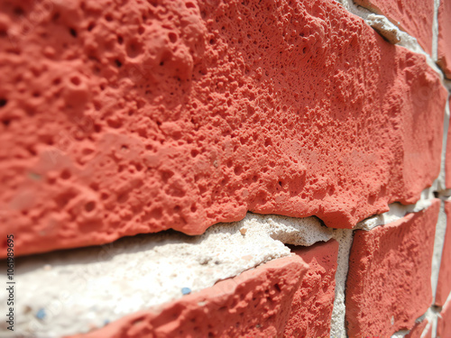 close-up view of a brick wall featuring a noticeable hole, highlighting the texture and structure of the bricks photo