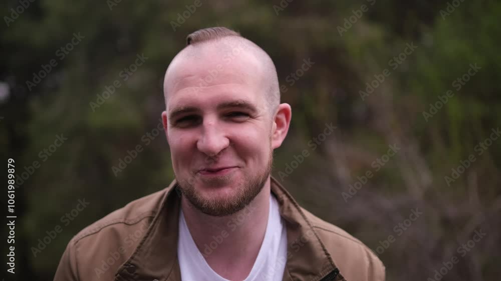 man wearing a cool haircut looking at camera and smiling. Portrait of a guy with a beard and a mohawk in the park. Caucasian male says something cheerful looking at camera man wearing a cool haircut looking at camera and smiling. Portrait of a guy with a beard and a mohawk in the park. Caucasian male says something cheerful looking at camera