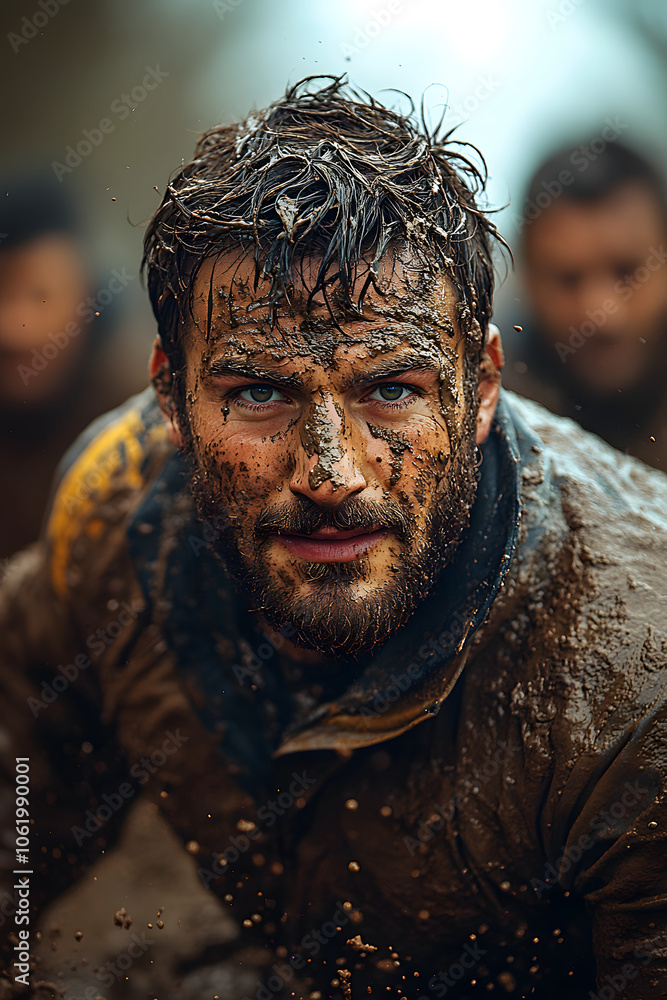 A joyful rugby player with a big smile slides through a field covered in mud. The image captures the fun and exhilaration of playing sports in tough conditions A joyful rugby player with a big smile slides through a field covered in mud. The image captures the fun and exhilaration of playing sports in tough conditions