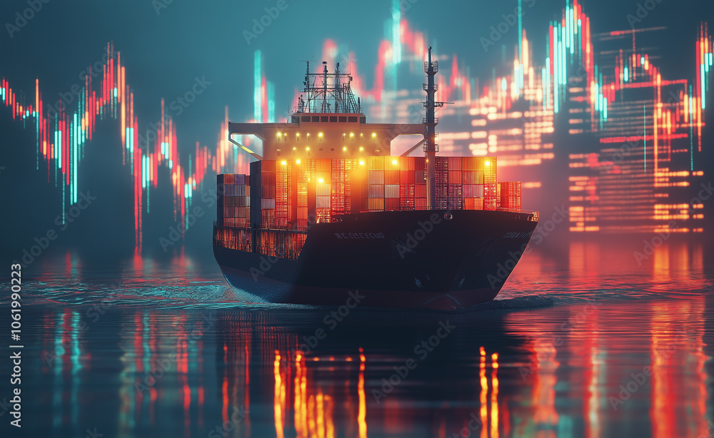 Obraz premium A cargo ship loaded with containers reflects on water, with stock market charts in the background, illustrating global trade.