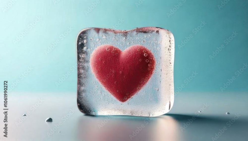 A heart embedded in ice, showcasing a unique blend of love and coolness against a soft blue background. A heart embedded in ice, showcasing a unique blend of love and coolness against a soft blue background.