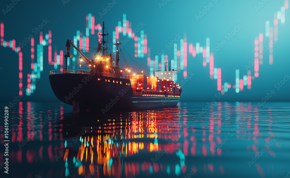 Obraz premium A cargo ship loaded with containers reflects on water, with stock market charts in the background, illustrating global trade.