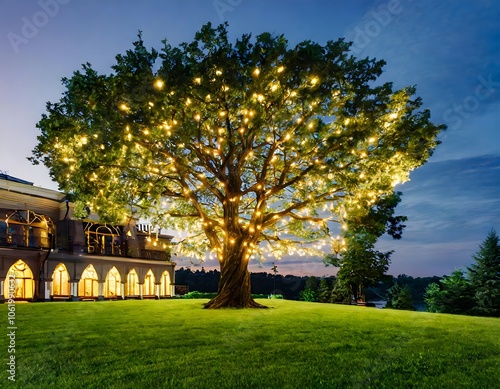 Large well-kept garden with a large illuminated tree.