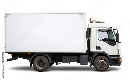 A clean, white delivery truck with no branding, positioned against a plain background, symbolizing logistics and transport.