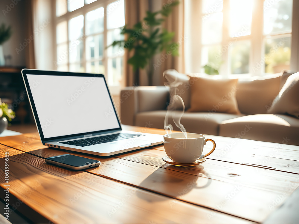 laptop rests on a wooden table beside a coffee mug and a smartphone, creating a cozy workspace atmosphere laptop rests on a wooden table beside a coffee mug and a smartphone, creating a cozy workspace atmosphere