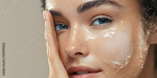 Crop Photo of Cosmetics Skin Care Concept Photo of Close-up Woman Perfect Face with Hydrated Skin