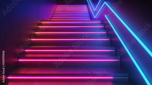 Bright neon lines create abstract staircase leading upwards, evoking sense of excitement and modernity. vibrant colors enhance visual appeal, making it striking focal point