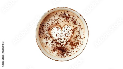 A cozy cup of coffee featuring a charming heart made of chocolate powder on top, perfect for expressing love and warmth in every sip.