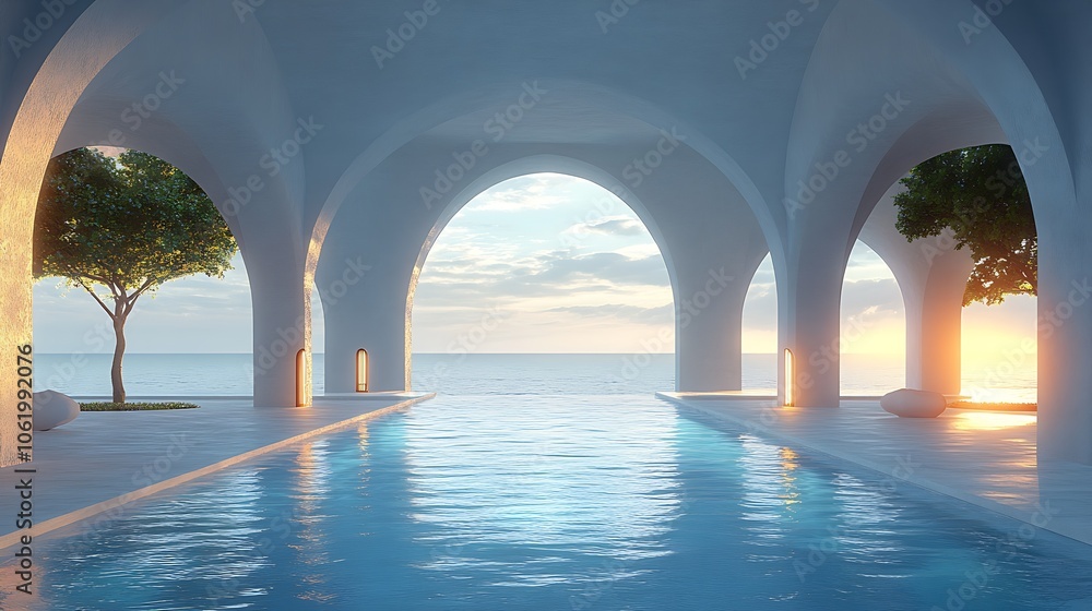 Fototapeta premium Picturesque Arching Corridor with Scenic Ocean Sunset Horizon : Generative AI