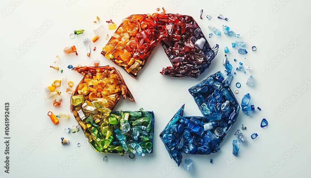 Creative design of a recycling symbol made from repurposed plastic materials, illustrating the concept of recycling in a modern context Creative design of a recycling symbol made from repurposed plastic materials, illustrating the concept of recycling in a modern context