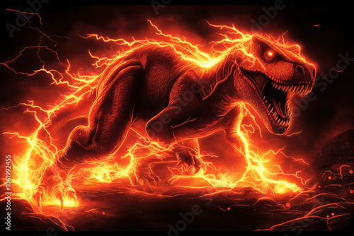 A red T-Rex made of lightning. Fiery dino emerging from flames symbolizing strength passion and intensity. dynamic, dramatic image captures powerful energy of fire spirit or mythical creature