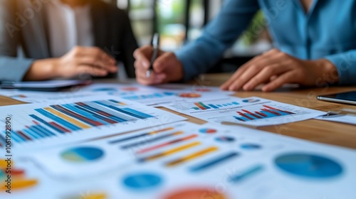 Two people working on a project together, analyzing graphs and charts on a table.