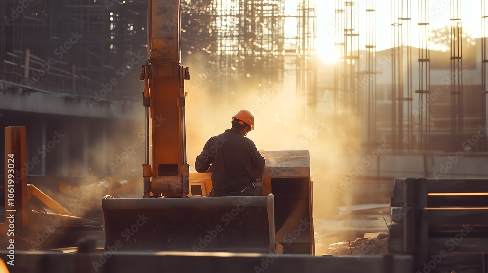 Dawn at the construction site a worker prepares for a new day amidst the rising sun and dusty atmosphere Dawn at the construction site a worker prepares for a new day amidst the rising sun and dusty atmosphere