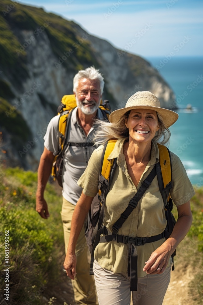 A couple of older tourists are walking near the cliff. Positive tourists. Generative AI.