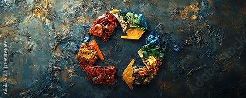 Dynamic illustration of a recycling symbol made from various plastic waste materials, emphasizing ecofriendliness and environmental responsibility photo