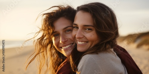 Two young women in love hugging on the beach, close-up portrait of lesbians. Generative AI.