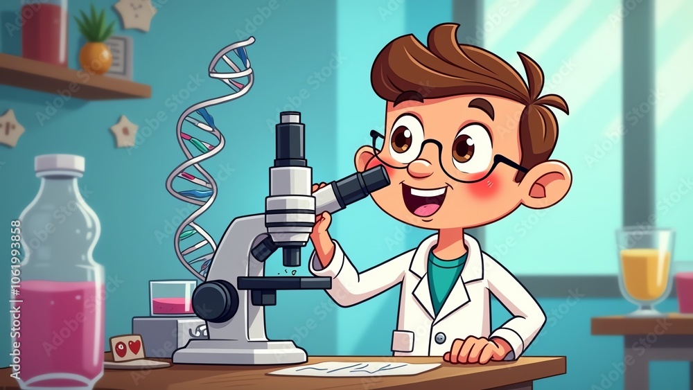 Fototapeta premium A young boy scientist in a lab coat is excited as he looks through a microscope