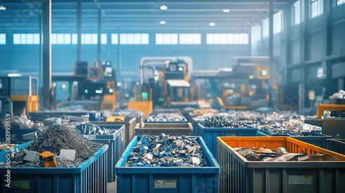 A circular economy recycling center where different materials such as metals, plastics, and glass are sorted into bins for reprocessing.  photo