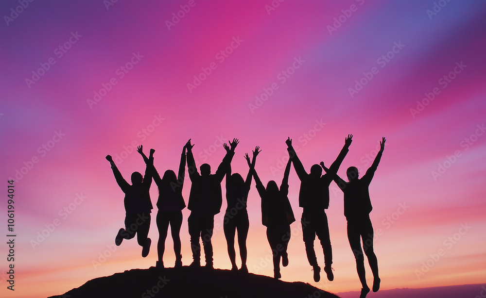Friends standing together with arms raised in celebration, silhouetted against a warm sunset sky, symbolizing friendship, freedom, and joy. Friends standing together with arms raised in celebration, silhouetted against a warm sunset sky, symbolizing friendship, freedom, and joy.