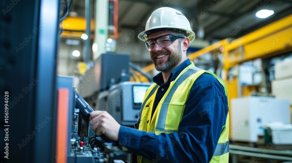 Engineer smiling while operating advanced machinery in a high-tech environment Engineer smiling while operating advanced machinery in a high-tech environment