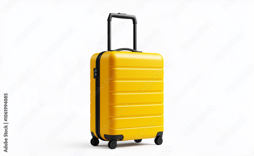 A bright yellow hard-shell suitcase isolated on a white background, representing travel and packing. A bright yellow hard-shell suitcase isolated on a white background, representing travel and packing.