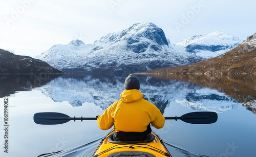 A person kayaking on a calm lake surrounded by rocky cliffs, capturing tranquility and solitude in nature.