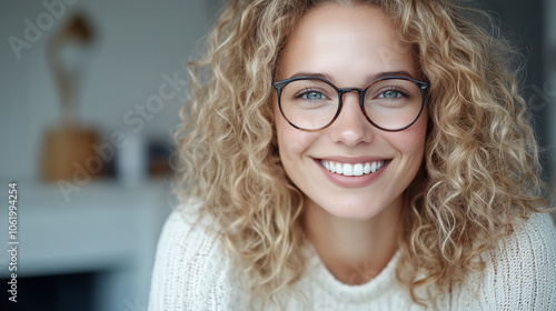 Stylish young European blonde woman with curly hair, wearing glasses and smiling indoors, close-up portrait