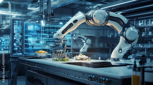 Two robotic arms prepare food in a futuristic kitchen.