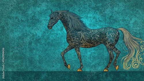 Intricate Stylized Golden Horse Design on Turquoise Background photo