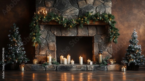 Rustic stone fireplace with pine garlands and candles, isolated on a deep brown background with holiday glow