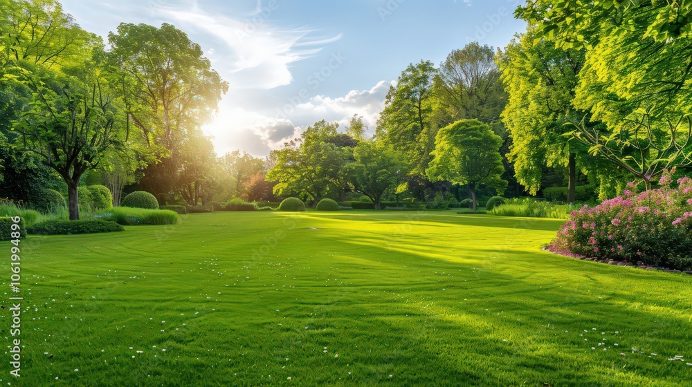 Beautiful Landscape nature background panorama image of spring nature with surrounded by trees against a blue sky with clouds on a bright sunny day. Beautiful Landscape nature background panorama image of spring nature with surrounded by trees against a blue sky with clouds on a bright sunny day.