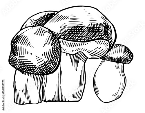 Three Mushroom ink drawing composition. Hand drawn Sketch style Mushrooms. Vector ink illustration.